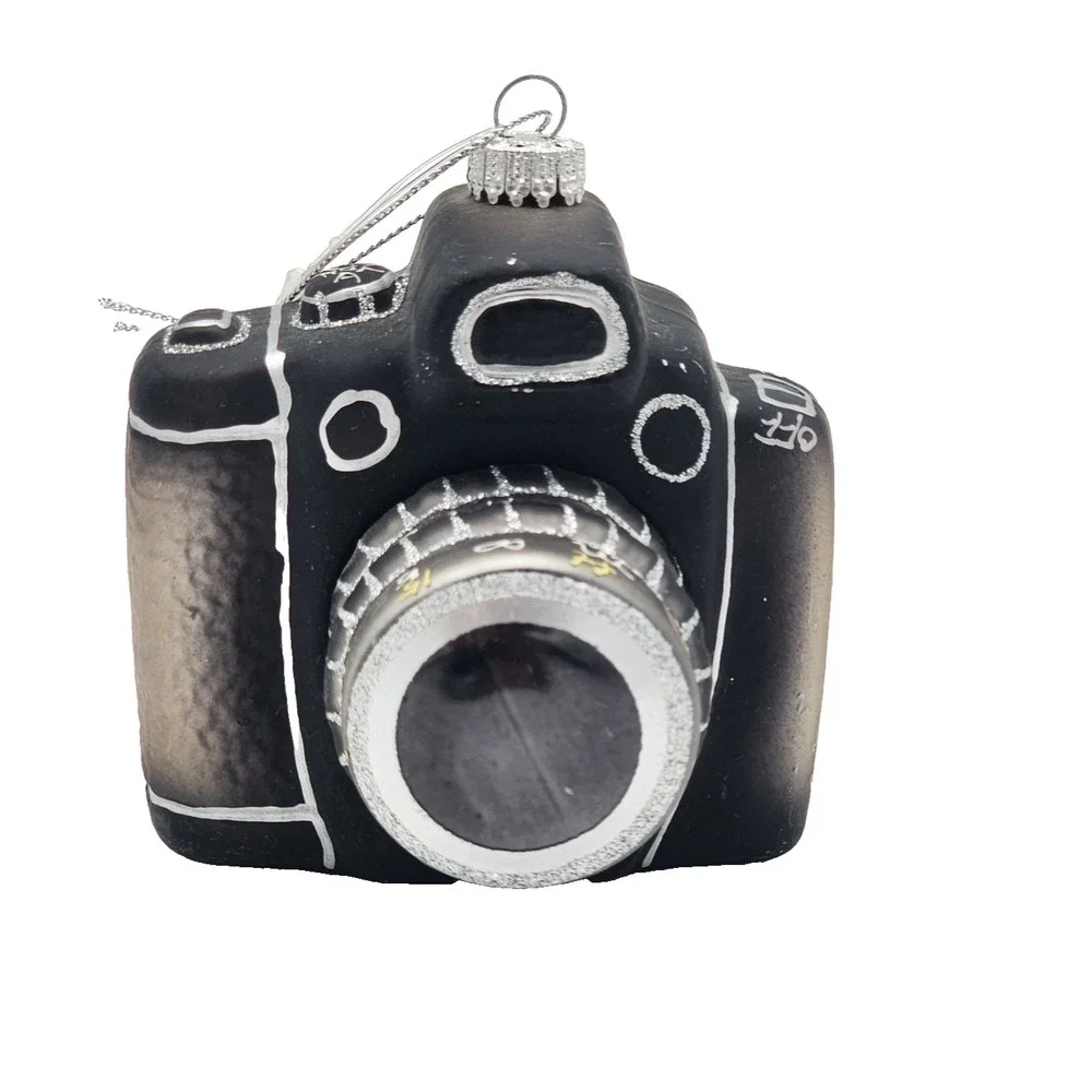 Vintage‎ Christmas Blown Glass Camera Ornament Black with Silver Accents Hanging